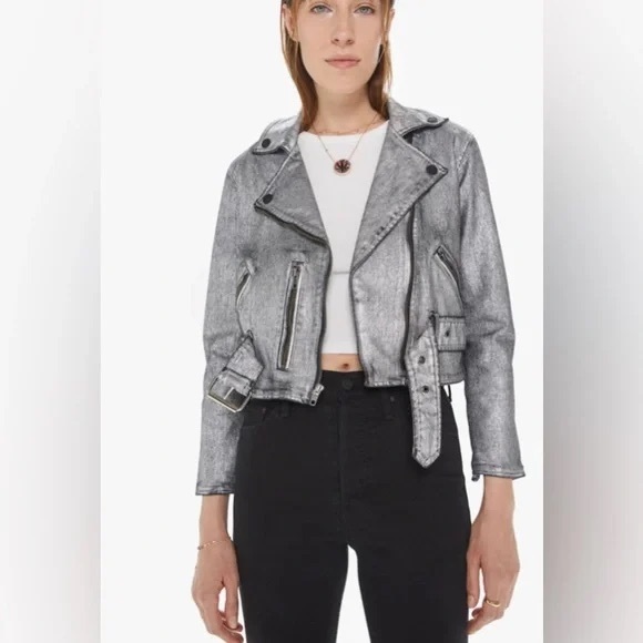 NWT Mother Denim The Moto Jacket Friday Night Freestyle in Metallica Silver - Picture 2 of 9